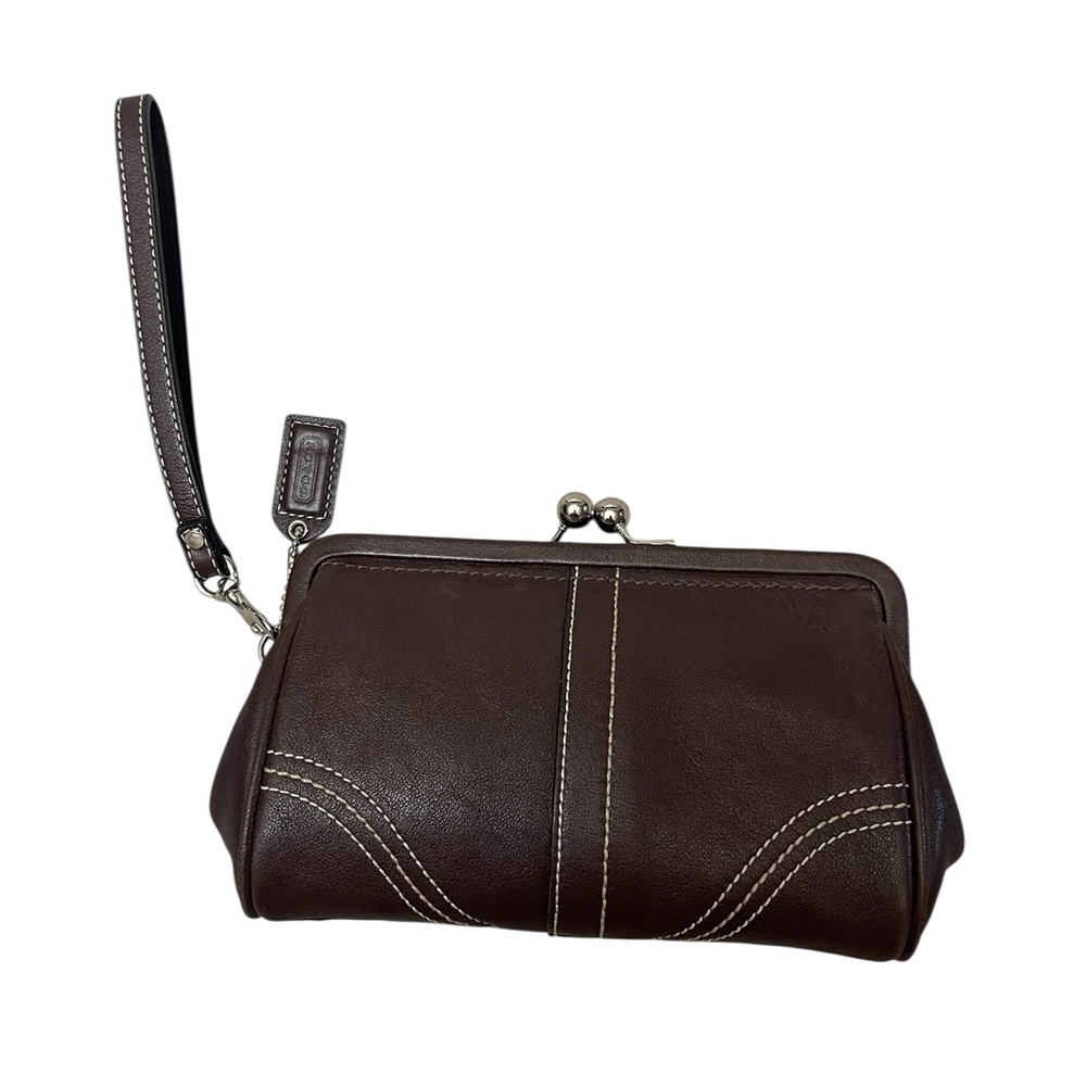 Coach Soho Y2K Brown Leather Silver Tone Kisslock Wristlet Clutch Pouch
